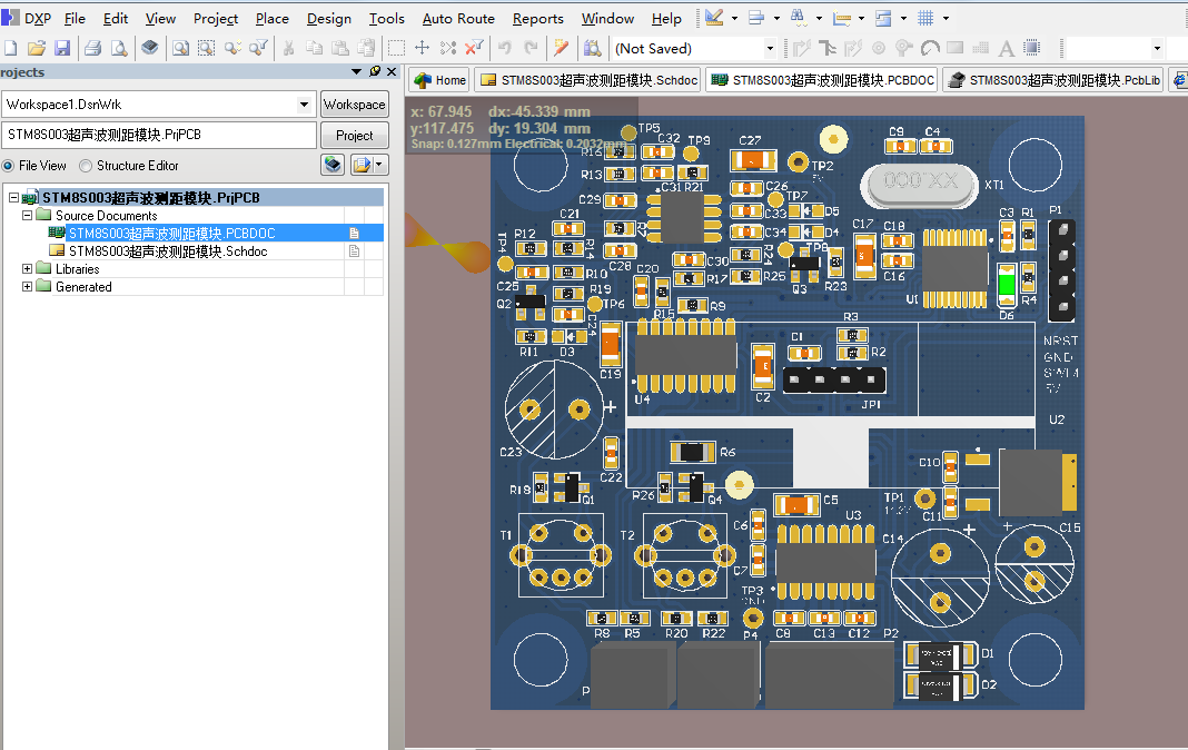 STM8S003超聲波測距硬件設計 ad原理圖+PCB+封裝庫文件