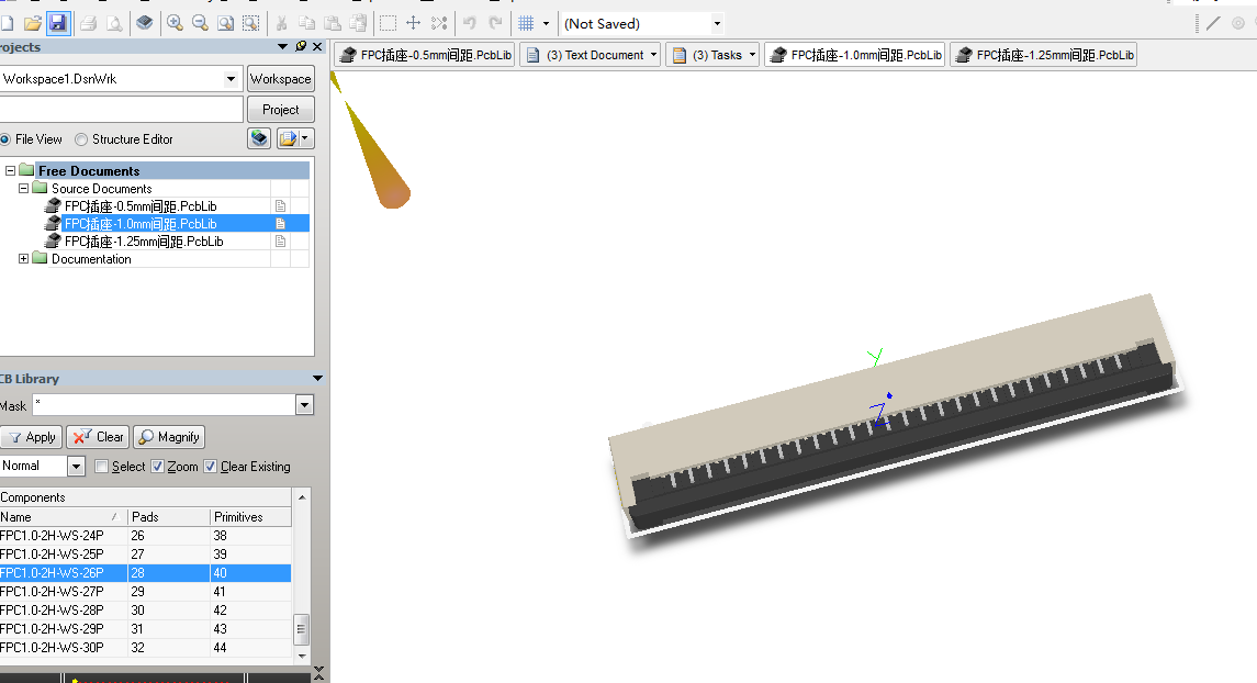 lcd屏接口FPC插座-0.5mm 1.0mm 1.25mm間距  AD封裝庫 2D+3D封裝