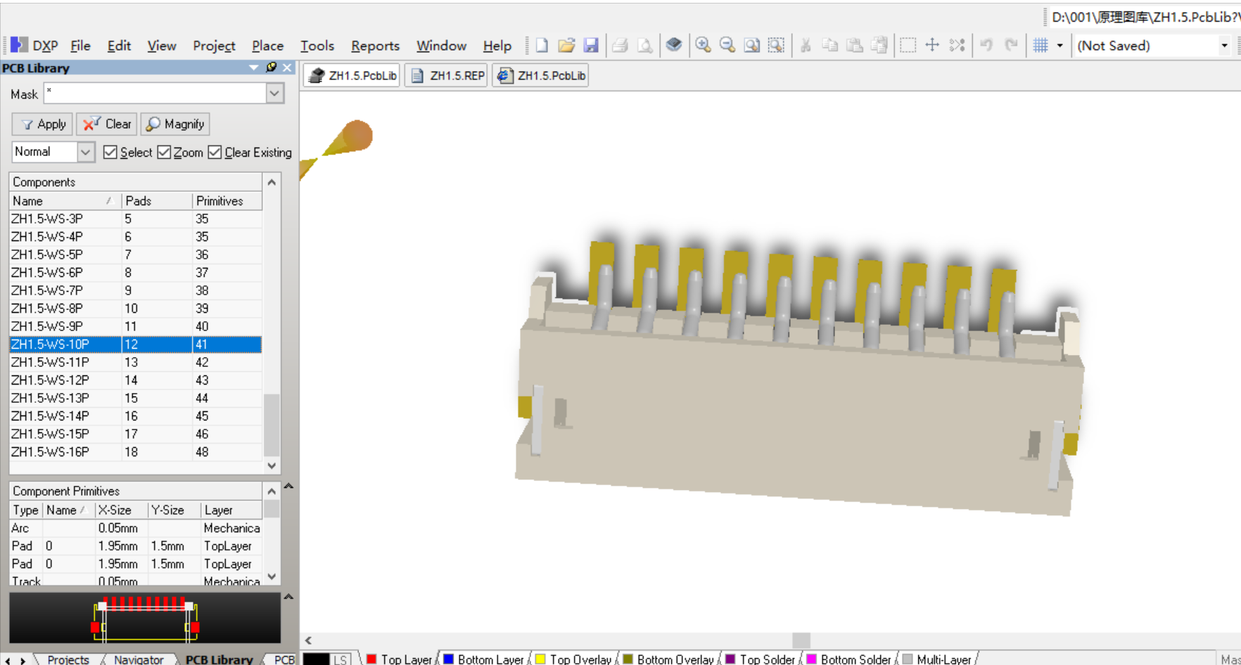 1.5mm間距接插件ZH1.5表貼直插 Altium PCB封裝庫2D3D元件庫（3D視圖庫） 共6